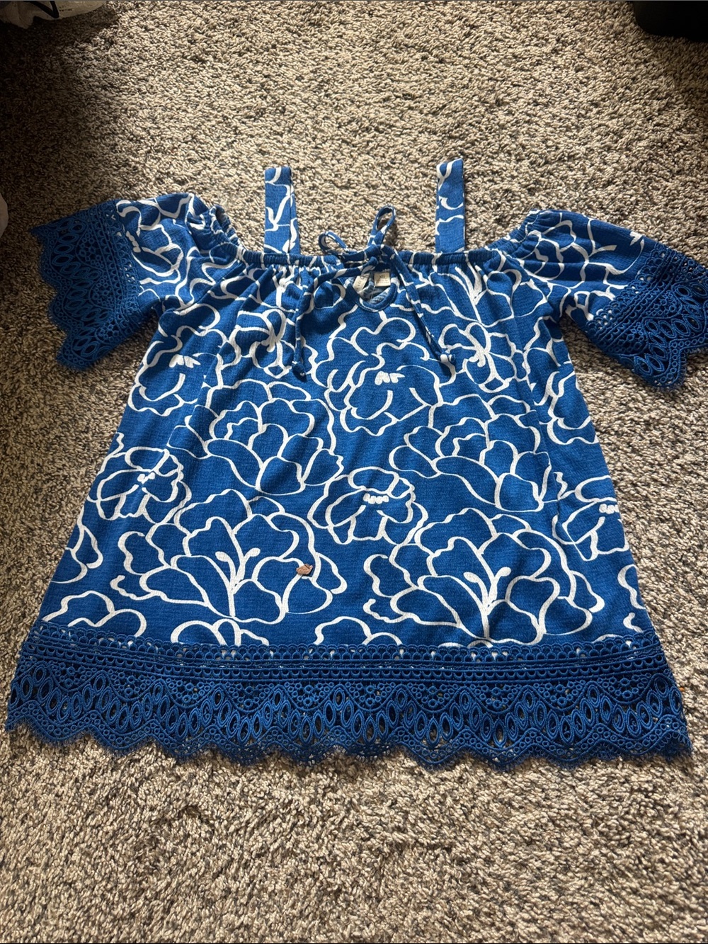 Cato Blue White Floral Off-Shoulder Lace Trim Blouse